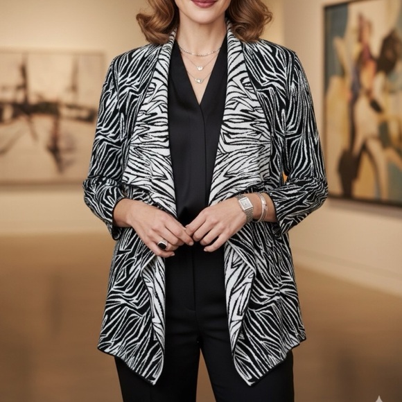 Kasper Black & White Open Front Draped Cardigan Sweater Cotton Viscose Size XL - Picture 1 of 6